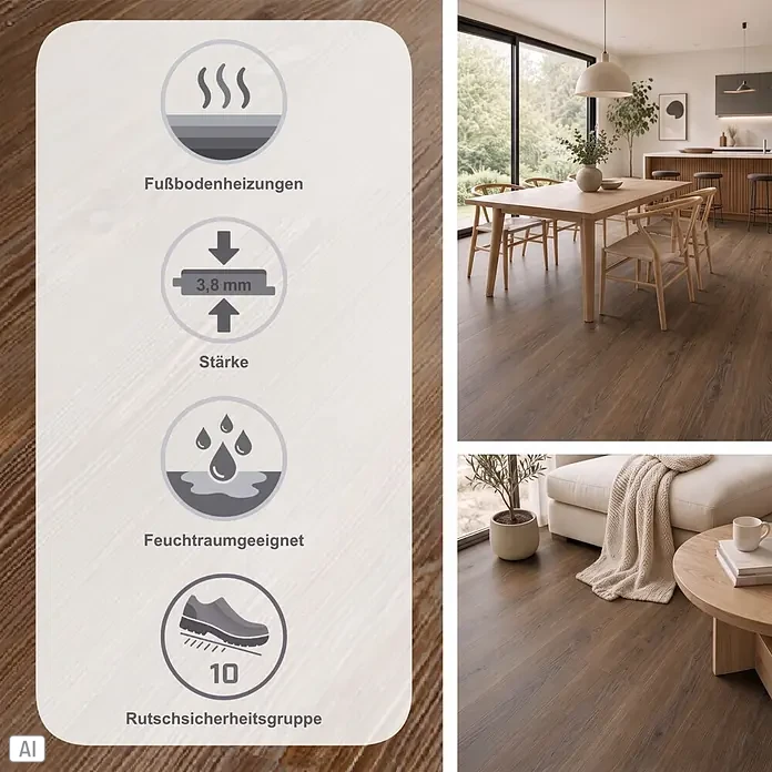 b!design Vinylboden SPC - Hickory, Landhausdiele, 1.220 x 181 x 3,8 mm - Dunkler Holzoptik-Boden in moderner Einrichtung. Merkmale: 3,8mm dick, geeignet für Fußbodenheizung, Feuchträume, Rutschsicherheitsgruppe 10.