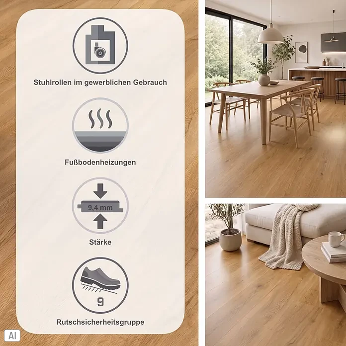 Parador Vinylboden Basic 30 - Eiche Sierra Natur, Landhausdiele, 1.207 x 216 x 9,4 mm - Heller Holzfußboden mit Symbolen für Bürostühle, Fußbodenheizung, 9,4mm Stärke und Rutschsicherheitsgruppe 9, in Räumen gezeigt.