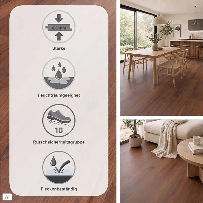 b!design Vinylboden SPC - Eiche Avignon, Landhausdiele, 1.220 x 182 x 4,3 mm - Dunkelbrauner Holzboden mit Symbolen für 4,3 mm Stärke, Feuchtraumeignung, Rutschsicherheitsgruppe 10 und Fleckenbeständigkeit, in modernem Zuhause.