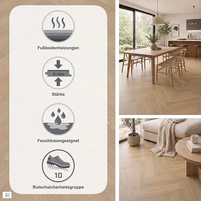 Gerflor Vinylboden Rigid Acoustic - Tulum Natural, Fischgrät, 750 x 125 x 6 mm - Helles Fischgrät-Bodenbelag mit Symbolen für Fußbodenheizung, 6mm Stärke, Feuchträume und Rutschsicherheitsgruppe 10.
