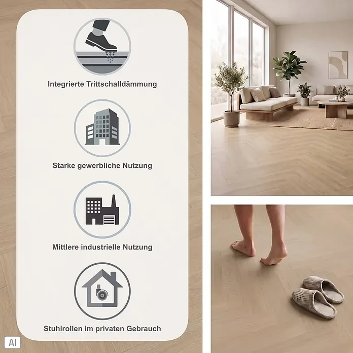Gerflor Vinylboden Rigid Acoustic - Tulum Natural, Fischgrät, 750 x 125 x 6 mm - Heller Fischgrätparkett mit Trittschalldämmung, geeignet für gewerbliche und industrielle Nutzung sowie Stuhlrollen. In einem Wohnzimmer.