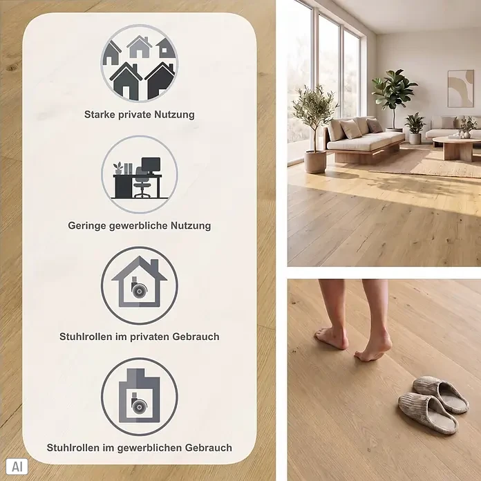 b!design Vinylboden SPC - Conway Eiche, Landhausdiele, 1.220 x 181 x 3,5 mm - Heller Holzfußboden in einem modernen Zuhause, mit Symbolen für starke private und leichte gewerbliche Nutzung sowie Stuhlrollen-Eignung.