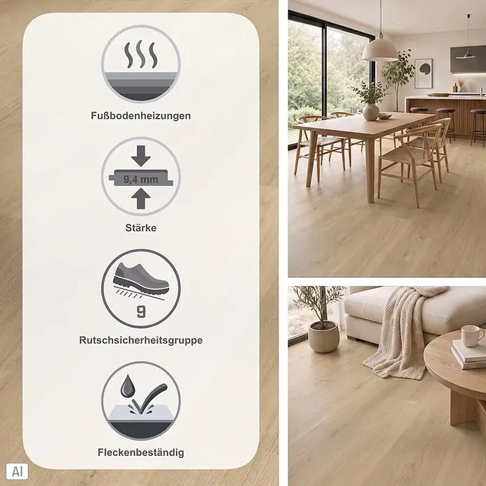 Parador Vinylboden Basic 30 - Eiche Regent beige Gebürstete Struktur, Landhausdiele, 1.207 x 216 x 9,4 mm - Heller Holzoptikboden in modernem Zuhause. Merkmale: 9,4 mm dick, für Fußbodenheizung geeignet, rutsch- und fleckenbeständig.