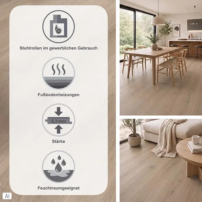 Parador Vinylboden Basic 5.3 - Eiche Regent grau, Landhausdiele, 1.209 x 225 x 5,3 mm - Heller Holzboden (5,3mm), für Fußbodenheizung, Feuchträume & gewerbliche Rollstühle geeignet.