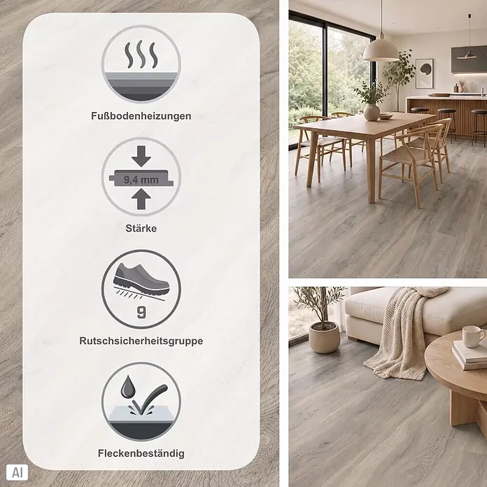 Parador Vinylboden Basic 30 - Eiche pastellgrau Holzstruktur, Landhausdiele, 1.207 x 216 x 9,4 mm - Heller Holzoptik-Bodenbelag mit Icons (Fußbodenheizung, 9,4mm, Rutschsicherheit, Fleckenbeständigkeit), dargestellt in modernen Wohnbereichen.