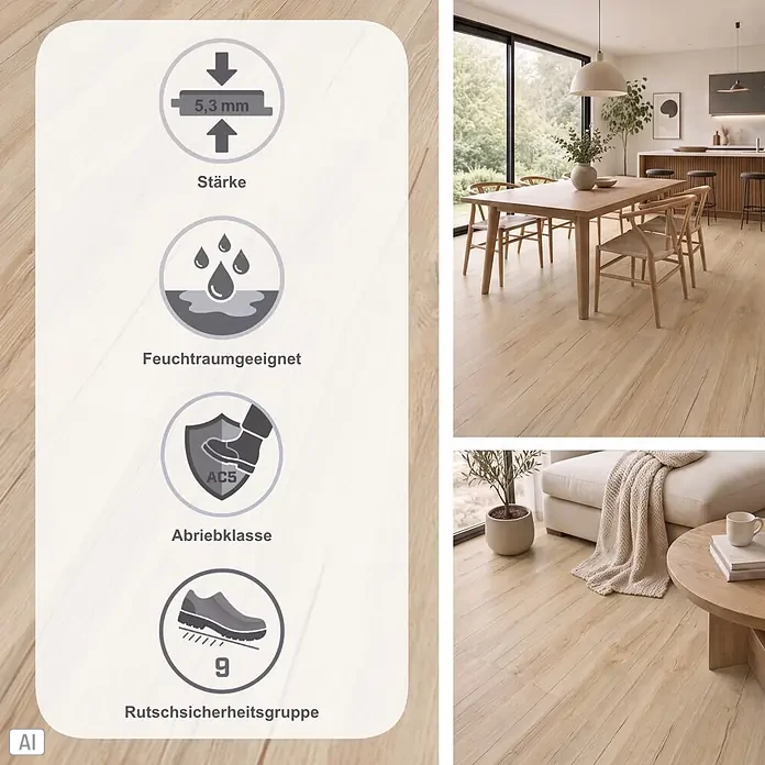 Vinylboden SPC Silent - Wildwood Eiche, 1.220 x 229 x 5,3 mm, Landhausdiele - Hellbrauner Holzboden mit 5,3 mm Stärke, feuchtraumgeeignet, Abriebklasse AC5 und Rutschsicherheitsgruppe 9, gezeigt in modernen Wohnräumen.