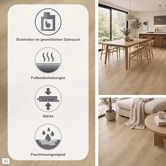 Parador Vinylboden Basic 5.3 - Eiche Regent beige, Landhausdiele, 1.209 x 225 x 5,3 mm - Heller Holzfußboden mit Piktogrammen für Stuhlrollen, Fußbodenheizung, 5,3 mm Stärke und Feuchtraumeignung, abgebildet in Wohnräumen.