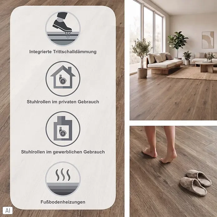 Vinylboden SPC Silent - Kinesawa Eiche, 1.220 x 229 x 5,3 mm, Landhausdiele - Holzoptik-Laminatboden in Wohnzimmerkulisse, hebt Eigenschaften wie Trittschalldämmung, Stuhlrollen-Eignung und Fußbodenheizung hervor.