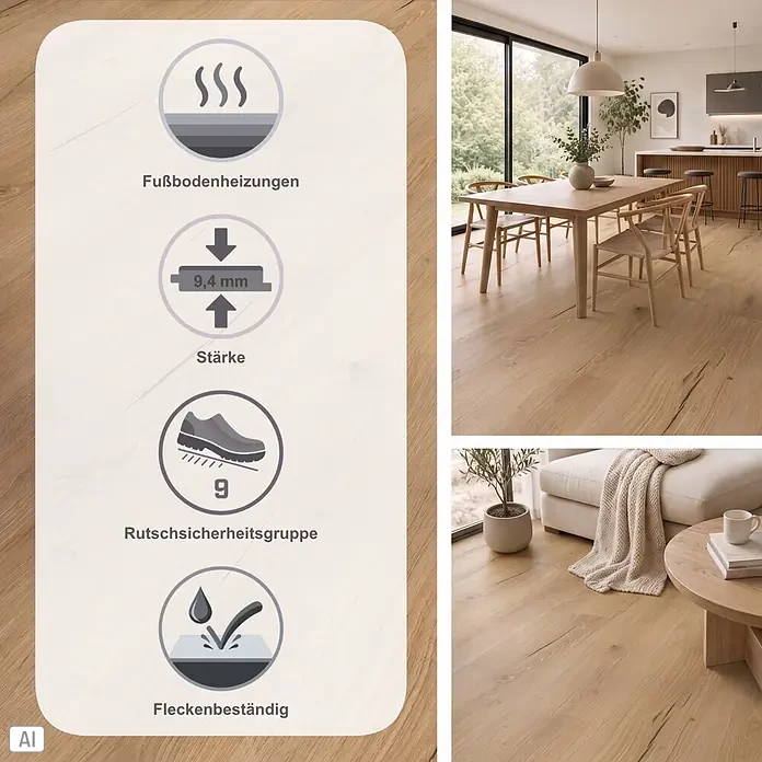 Parador Vinylboden Basic 30 - Eiche Cambridge natur Gebürstete Struktur, Landhausdiele, 1.207 x 216 x 9,4 mm - Heller Holzboden in modernem Ess- und Wohnzimmer mit Infografik zu Fußbodenheizung, 9,4 mm Stärke, Rutschsicherheit und Fleckenbeständigkeit.