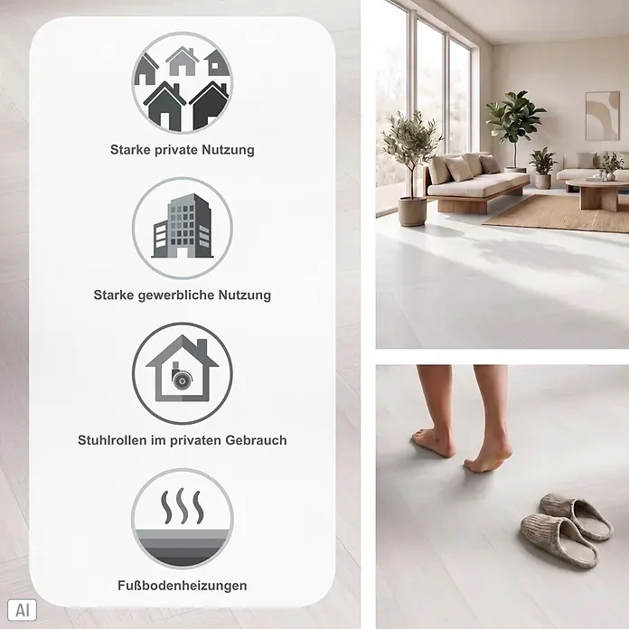 Parador Vinylboden Trendtime 3 - Eiche Oxford weiß, Fischgrät, 730 x 146 x 5 mm - Heller Holzoptik-Boden in einem Wohnzimmer, mit Infografik zu Eignung für Privat-/Gewerbenutzung, Stuhlrollen und Fußbodenheizung.