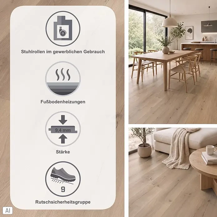 Parador Vinylboden Basic 30 - Eiche Infinity Grau, Landhausdiele, 1.207 x 216 x 9,4 mm - Heller Bodenbelag in Holzoptik im Wohnbereich, mit Symbolen für Stuhlrollen, Fußbodenheizung, 9,4 mm Stärke und Rutschsicherheitsgruppe 9.