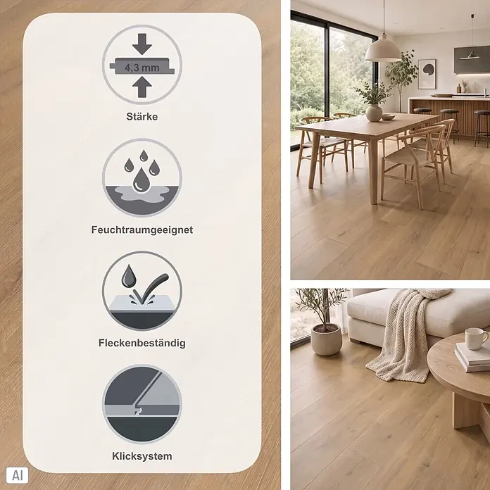 Vinylboden SPC - Eiche Solar, Landhausdiele, 1.220 x 182 x 4,3 mm - Heller Holzboden (4,3 mm Stärke) mit Klicksystem, feuchtraumgeeignet & fleckenbeständig. Präsentiert in modernem Wohnraum.