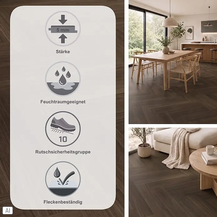 Parador Vinylboden Trendtime 3 - Eiche Oxford dunkelbraun, Fischgrät, 730 x 146 x 5 mm - Dunkler Fischgrät-Holzoptikboden in Wohnräumen, mit Icons für Stärke, Feuchtigkeits-, Rutsch- und Fleckenbeständigkeit.