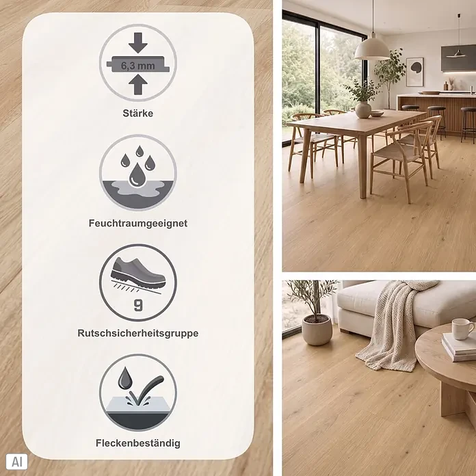 Vinylboden SPC XL - Eiche Harlow, Landhausdiele, 1.511 x 229 x 6,3 mm - Heller Holzfußboden in einem modernen Zuhause, mit 6,3 mm Stärke, Feuchtraumeignung, Rutschfestigkeit und Fleckenbeständigkeit.