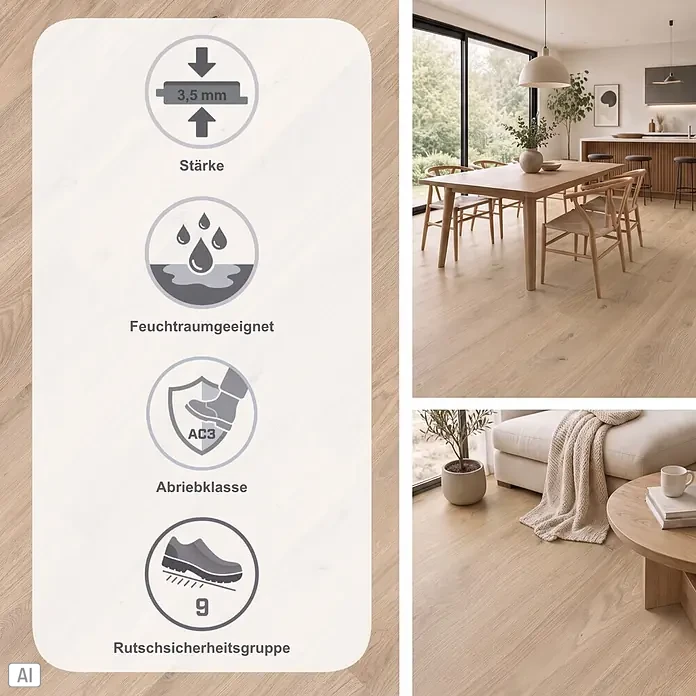 Vinylboden Rigid - Eiche Crema, Landhausdiele, 1.220 x 180 x 3,5 mm - Heller Holzoptikboden, 3,5mm dick, feuchtraumgeeignet (AC3 Abrieb, R9 Rutschhemmung). Gezeigt in Ess- und Wohnbereichen.
