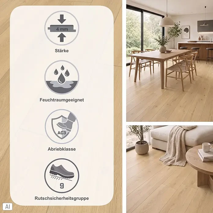 Vinylboden Rigid - Oak Sand, Landhausdiele, 1.220 x 180 x 4 mm - Helles Holzparkett in modernem Zuhause; Overlay zeigt 4mm Stärke, Feuchtraumeignung, Abriebklasse AC3 & Rutschsicherheitsgruppe 9.