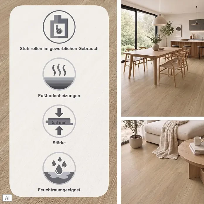 Parador Vinylboden Basic 5.3 - Eiche Oxford geschliffen, Landhausdiele, 1.209 x 225 x 5,3 mm - Heller Holzdekorboden für moderne Räume, gewerbetauglich, 5,3 mm stark, für Fußbodenheizung und Feuchträume geeignet.