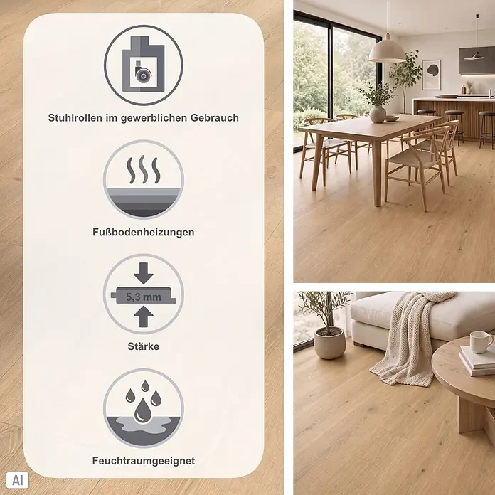 Parador Vinylboden Basic 5.3 - Eiche Studioline geschliffen, Landhausdiele, 1.209 x 225 x 5,3 mm - Heller Holzfußboden (5,3mm) in modernem Zuhause, geeignet für Fußbodenheizung, Feuchträume und Bürostuhlrollen.