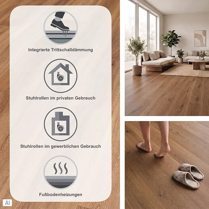 Vinylboden SPC Silent - Jersey Eiche, 1.220 x 229 x 5,3 mm, Landhausdiele - Holzoptik-Bodenbelag in einem Wohnzimmer, mit Merkmalen wie integrierter Trittschalldämmung, Stuhlrollen- und Fußbodenheizungs-Eignung.