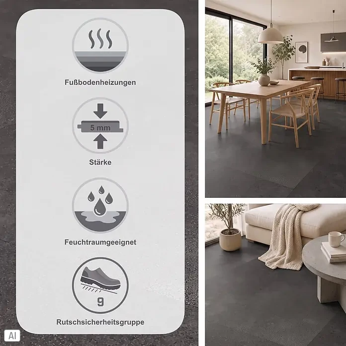 b!design Vinylboden Rigid SPC - Portofino, Fliese, 800 x 400 x 5 mm - Dunkelgrauer 5mm Bodenbelag, fußbodenheizungs- und feuchtraumgeeignet, Rutschsicherheitsgruppe 9, in modernen Wohnräumen verlegt.