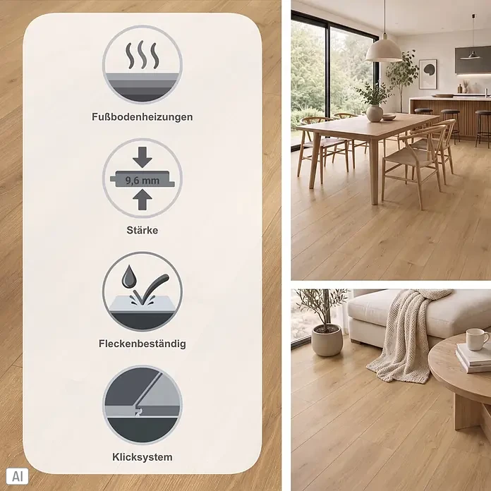 Parador Vinylboden Classic 2030 - Eiche Regent natur Gebürstete Struktur, Landhausdiele, 1.207 x 216 x 9,6 mm - Heller Holzboden mit Icons für Fußbodenheizung, 9,6 mm Stärke, Fleckenbeständigkeit und Klicksystem, in einem modernen Wohnraum verlegt dargestellt.