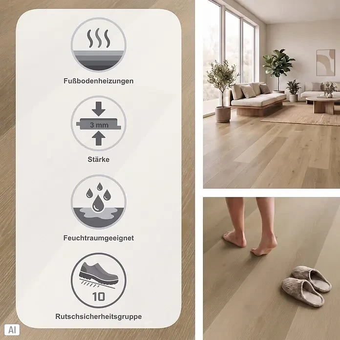 Fixed Vinylboden Plus - Belem, Landhausdiele, 1.530 x 235 x 3 mm - Heller Fußboden in Holzoptik mit Infografik zu Fußbodenheizung, 3mm Stärke, Feuchtraumeignung und Rutschsicherheit.