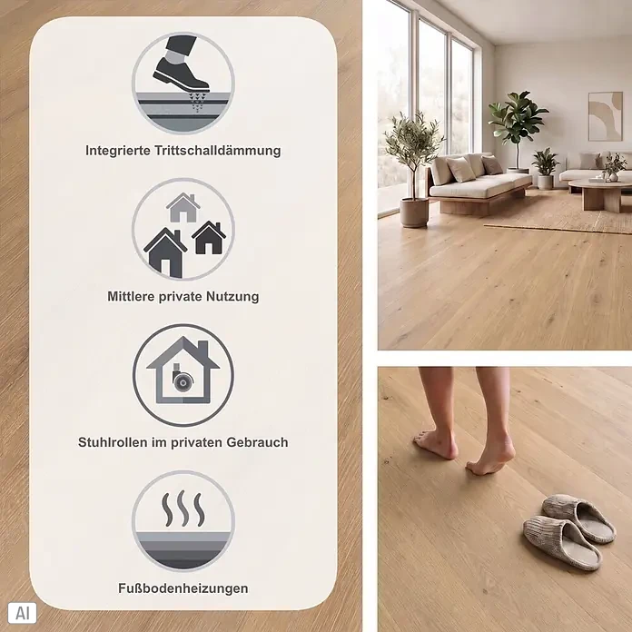 Vinylboden SPC - Eiche Solar, Landhausdiele, 1.220 x 182 x 4,3 mm - Heller Holzfußboden in modernem Wohnzimmer, mit Symbolen für Trittschalldämmung, private Nutzung, Stuhlrollen-Eignung und Fußbodenheizungen.