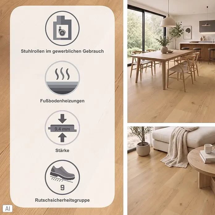 Parador Vinylboden Basic 30 - Eiche Infinity Natur, Landhausdiele, 1.207 x 216 x 9,4 mm - Heller Holzfußboden in modernem Zuhause, mit Symbolen für gewerbliche Stuhlrollennutzung, Fußbodenheizung, 9,4 mm Stärke und Rutschsicherheitsgruppe 9.