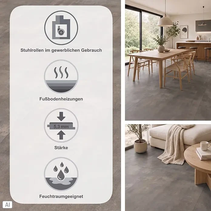 Parador Vinylboden Basic 5.3 - Mineral Grey, Fliese, 914 x 457 x 5,3 mm - Dunkelgrauer Bodenbelag, stuhlrollen- und fußbodenheizungsgeeignet, 5,3 mm stark, feuchtraumgeeignet.