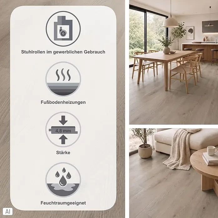 b!design Vinylboden SPC Silent - Hartford, Landhausdiele, 1.220 x 230 x 4,8 mm - Heller Holzoptikboden, 4,8 mm stark, geeignet für Fußbodenheizungen, Feuchträume und gewerblichen Einsatz, in modernen Interieurs dargestellt.