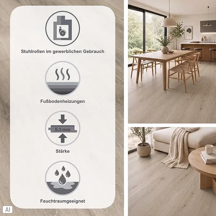 Parador Vinylboden Basic 5.3 - Eiche grau geweißt, Landhausdiele, 1.209 x 225 x 5,3 mm - Hellholz-Optik-Boden (5,3 mm stark) für gewerblichen Gebrauch, Feuchträume und Fußbodenheizung, in modernen Ess- und Wohnzimmern gezeigt.
