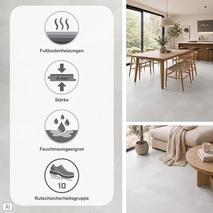 b!design Vinylboden SPC - Sorrento, Fliese, 609,6 x 304,8 x 4 mm - Modernes hellgraues Fliesenboden in Ess- und Wohnbereich, mit Merkmalen wie Fußbodenheizungseignung und Strapazierfähigkeit.