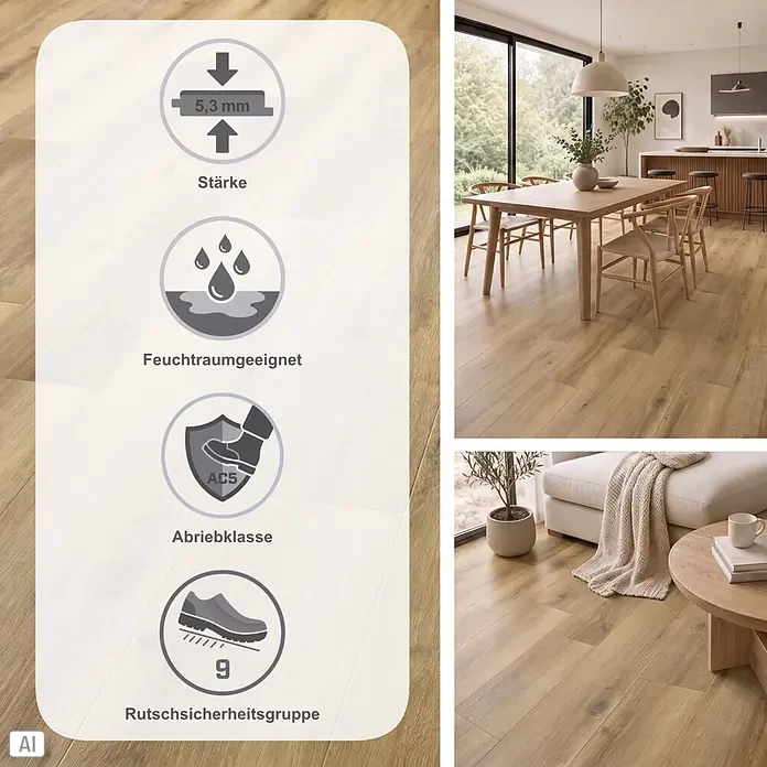 Vinylboden SPC Silent - Tucson Eiche, 1.220 x 229 x 5,3 mm, Landhausdiele - Laminatboden in heller Holzoptik mit Symbolen für 5,3 mm Stärke, Feuchtraumeignung, Abriebklasse AC5 und Rutschsicherheitsgruppe 9.