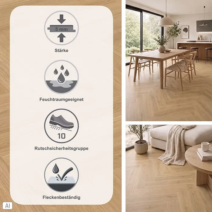 Parador Vinylboden Trendtime 3 - Eiche Oxford natur, Fischgrät, 730 x 146 x 5 mm - Helles Fischgrätparkett in modernem Zuhause, mit Symbolen für 5mm Stärke, Feuchtraumeignung, Rutschsicherheit (Gruppe 10) und Fleckenbeständigkeit.
