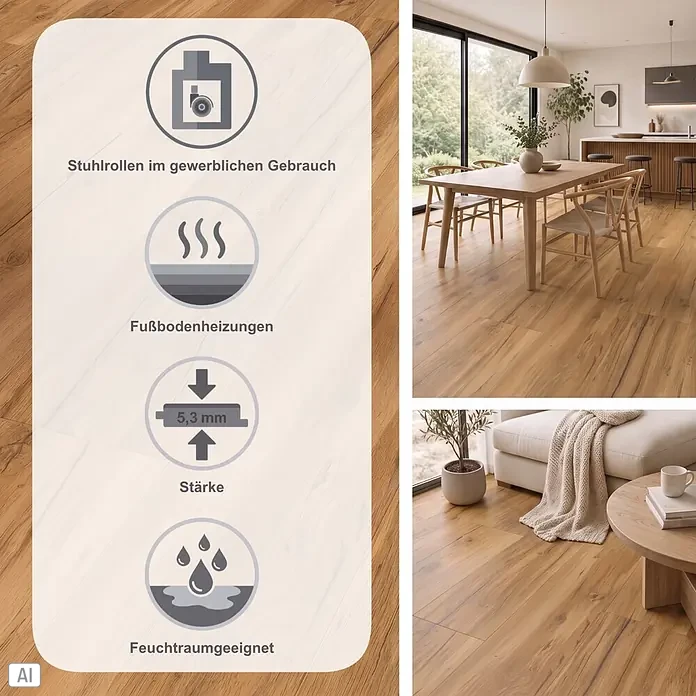 Parador Vinylboden Basic 5.3 - Eiche Memory Natur, Landhausdiele, 1.209 x 225 x 5,3 mm - Warmbrauner Holzboden in modernem Zuhause, Merkmale: Stuhlrollen im Gewerbe, Fußbodenheizung, 5,3 mm Stärke, Feuchtraumeignung.