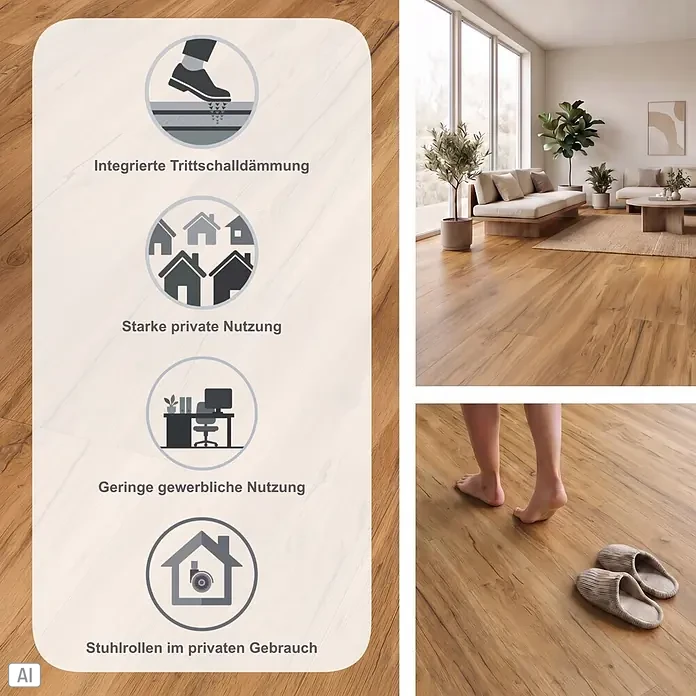 Parador Vinylboden Basic 5.3 - Eiche Memory Natur, Landhausdiele, 1.209 x 225 x 5,3 mm - Hellbrauner Holzboden im Wohnzimmer. Icons zeigen Trittschalldämmung, Eignung für private/leichte gewerbliche Nutzung und Stuhlrollenfestigkeit.