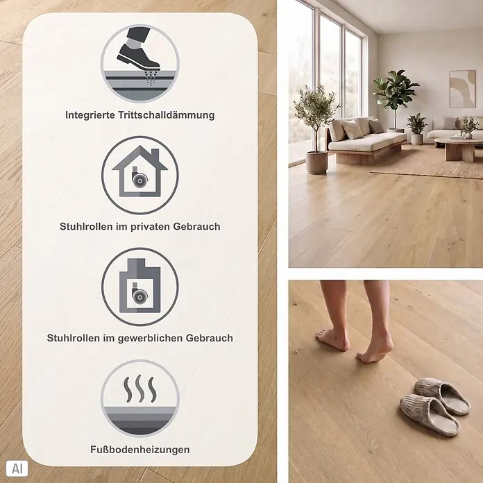 Vinylboden SPC Silent - Arvada Eiche, 1.220 x 229 x 5,3 mm, Landhausdiele - Helles Parkett mit Icons für integrierte Trittschalldämmung, Stuhlrollen (privat/gewerblich) und Fußbodenheizung in Wohnräumen.
