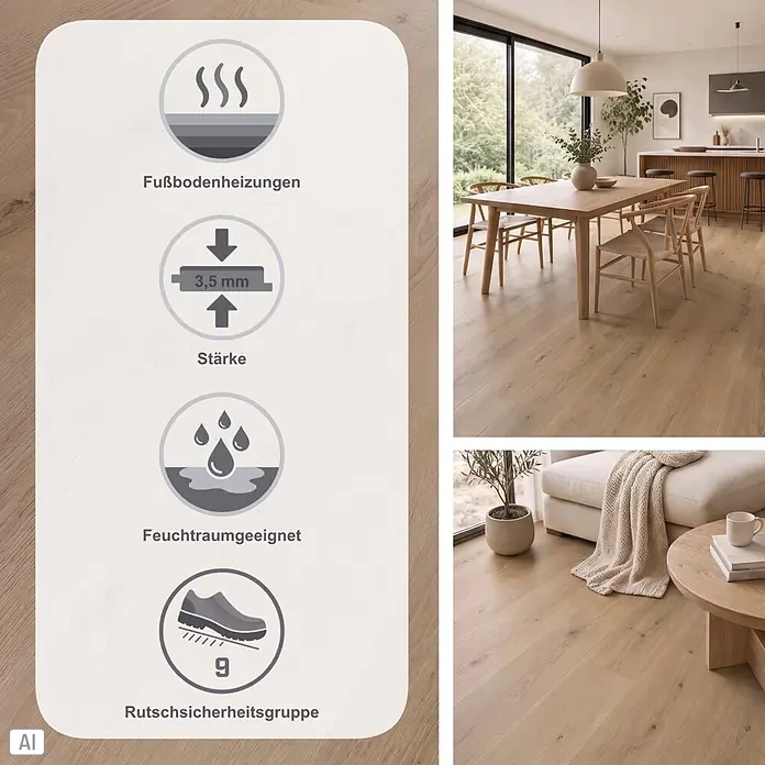 b!design Vinylboden Rigid SPC - Eiche Polaris, Landhausdiele, 1.220 x 182 x 3,5 mm - Heller Holzfußboden in modernen Räumen gezeigt, mit Symbolen für 3,5 mm Stärke, Fußbodenheizung, Feuchtraum- und Rutschsicherheit.