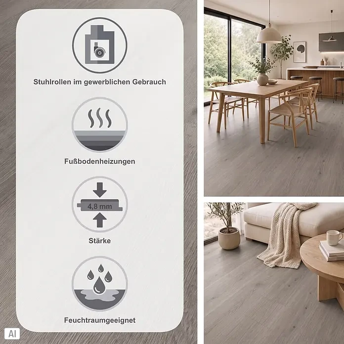 b!design Vinylboden SPC Silent - Albany, Landhausdiele, 1.220 x 230 x 4,8 mm - Hellgrauer Boden in Holzoptik, mit Icons für gewerbliche Nutzung, Fußbodenheizung, 4,8mm Stärke und Feuchtraumeignung, in modernen Wohn- und Essbereichen gezeigt.