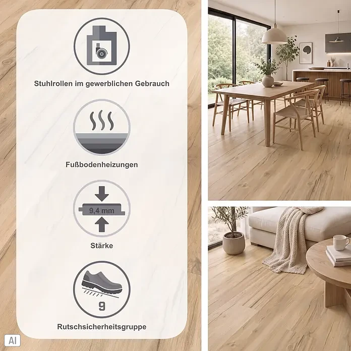 Parador Vinylboden Basic 30 - Eiche Memory geschliffen, Landhausdiele, 1.207 x 216 x 9,4 mm - Heller Holzfußboden mit vier Piktogrammen zu Stuhlrollen, Fußbodenheizung, 9,4 mm Stärke und Rutschsicherheit (Gruppe 9).