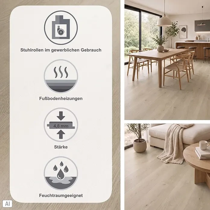 b!design Vinylboden SPC Silent - Boston, Landhausdiele, 1.220 x 230 x 4,8 mm - Heller Bodenbelag in Holzoptik in modernem Zuhause, 4,8 mm Stärke, gewerbliche Nutzung, Fußbodenheizung und Feuchtraumeignung.