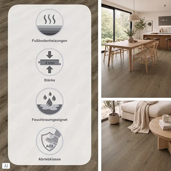 Vinylboden Rigid - Eiche Toronto, Landhausdiele, 1.220 x 229 x 4 mm - Holzoptik-Boden in Brauntönen, zeigt Merkmale wie Fußbodenheizung, 4mm Stärke, Feuchtraumeignung und Abriebklasse AC3. In modernen Räumen zu sehen.