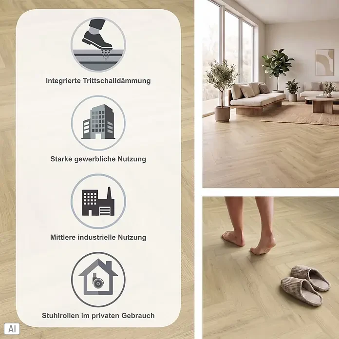 Gerflor Vinylboden Rigid Acoustic - Sola Nature, Fischgrät, 750 x 125 x 6 mm - Heller Holzparkettboden im Fischgrätmuster, geeignet für Wohn-, Gewerbe- und Industrienutzung, mit integrierter Trittschalldämmung.