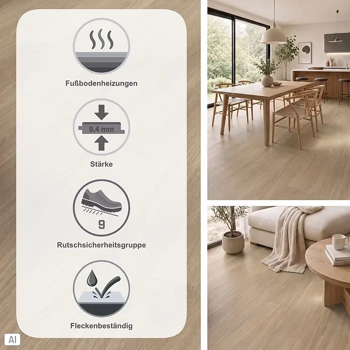 Parador Vinylboden Basic 30 - Eiche Oxford geschliffen Gebürstete Struktur, Landhausdiele, 1.207 x 216 x 9,4 mm - Heller Holz-Designboden in modernem Zuhause, geeignet für Fußbodenheizung, 9,4 mm Stärke, rutschhemmend (R9) und fleckenbeständig.