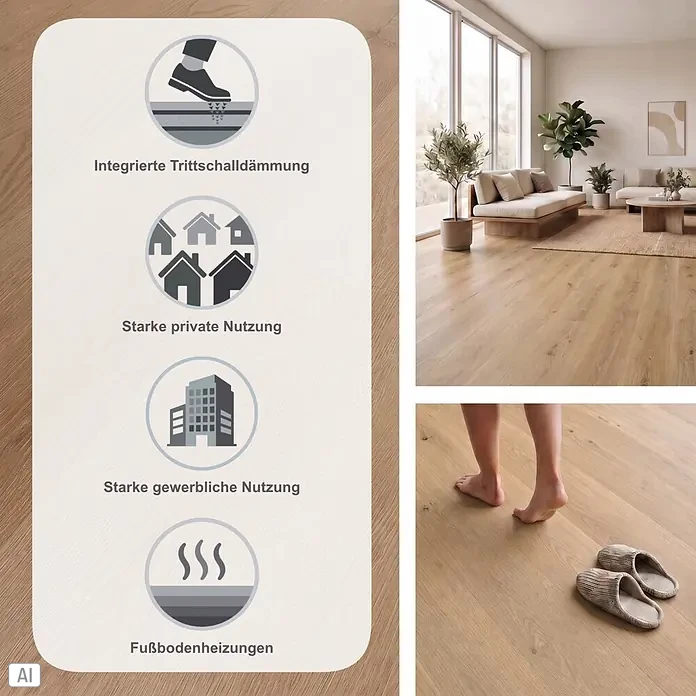 b!design Vinylboden SPC - Eiche Andermatt, 1.220 x 230 x 4,8 mm - Heller Holzboden im modernen Wohnzimmer und barfuß darauf laufende Füße. Eine Infografik zeigt Eigenschaften wie Trittschalldämmung, private/gewerbliche Nutzung und Fußbodenheizung.