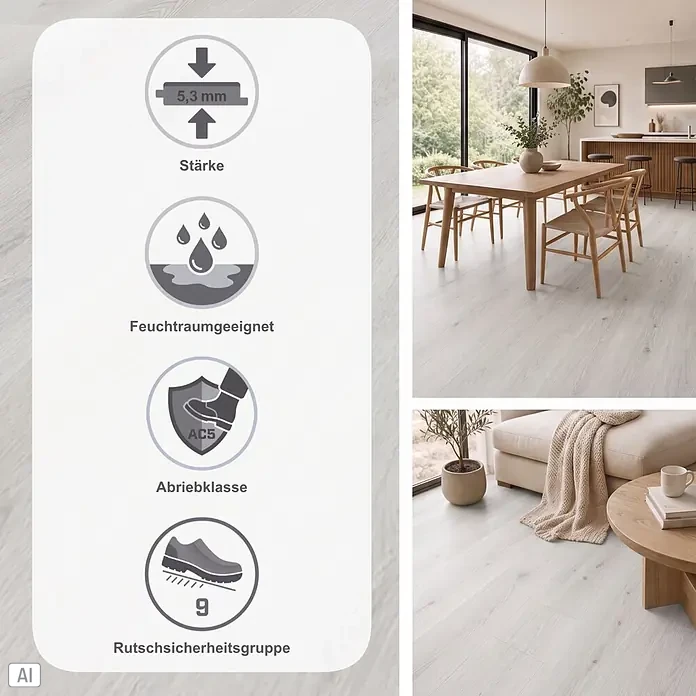 Vinylboden SPC Silent - Takeda Eiche, 1.220 x 229 x 5,3 mm, Landhausdiele - Heller Fußbodenbelag im Raum, mit Icons für 5,3 mm Stärke, Feuchtraumeignung, Abriebklasse AC5 und Rutschsicherheitsgruppe 9.