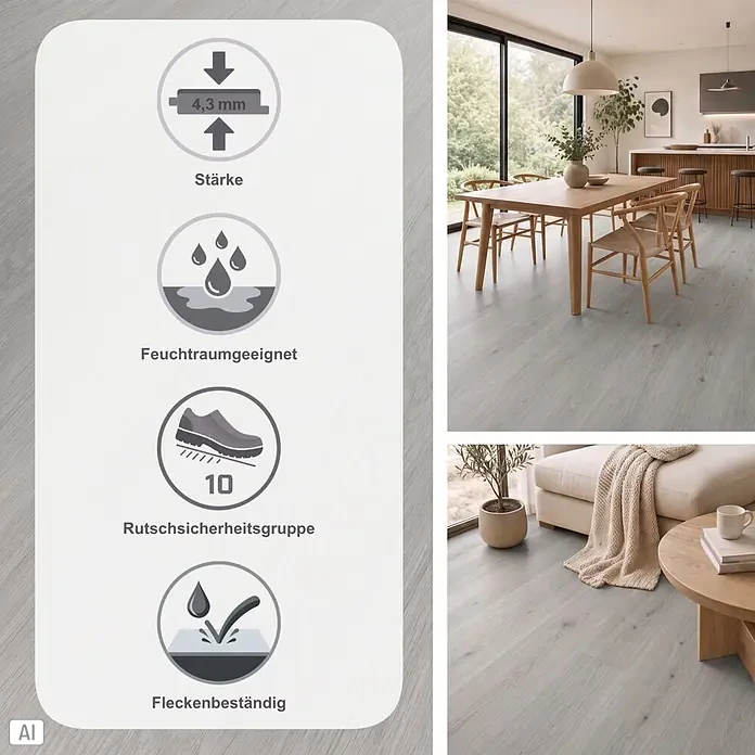 b!design Vinylboden SPC - Eiche Pilatus, Landhausdiele, 1.220 x 182 x 4,3 mm - Heller, grau melierter Bodenbelag mit Infotafel zu den Merkmalen: 4,3 mm Stärke, feuchtraumgeeignet, rutschsicher (Gruppe 10), fleckenbeständig. In Wohnräumen gezeigt.