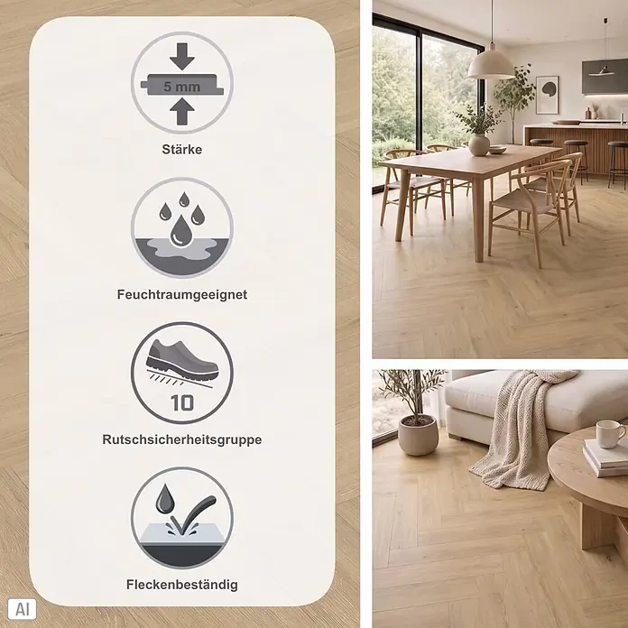 Parador Vinylboden Trendtime 3 - Eiche Regent beige, Fischgrät, 730 x 146 x 5 mm - Heller Fischgrät-Holzboden, 5mm, feuchtraum-, rutsch- (Gruppe 10) & fleckenbeständig. Gezeigt in modernem Zuhause.