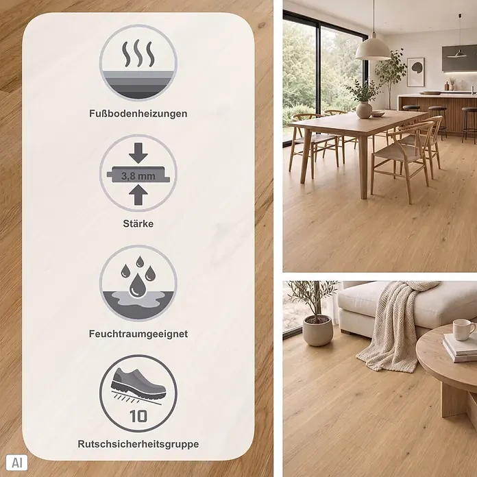 b!design Vinylboden SPC - Kansas Eiche, Landhausdiele, 1.220 x 181 x 3,8 mm - Heller Holzfußboden mit Symbolen für Fußbodenheizung, 3,8mm, Feuchträume und Rutschsicherheit 10. Gezeigt in modernen Innenräumen.