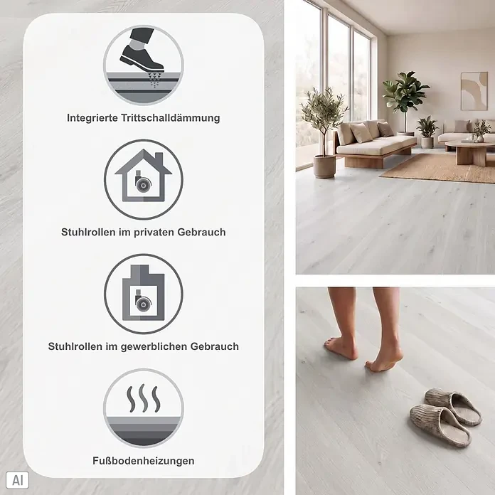 Vinylboden SPC Silent - Takeda Eiche, 1.220 x 229 x 5,3 mm, Landhausdiele - Heller Holzboden-Look mit integrierter Trittschalldämmung, für private und gewerbliche Nutzung mit Stuhlrollen und Fußbodenheizungen.